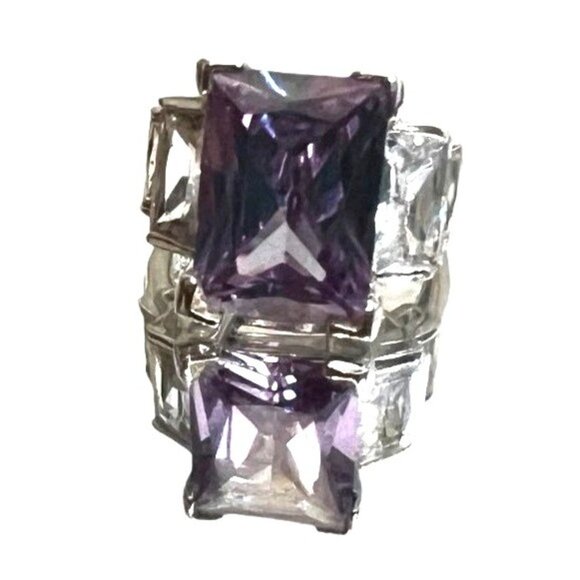 Light Purple and Diamond Baguette Ring Cubic Zirconia Sz 7 Womens Silver Band an - Picture 3 of 16